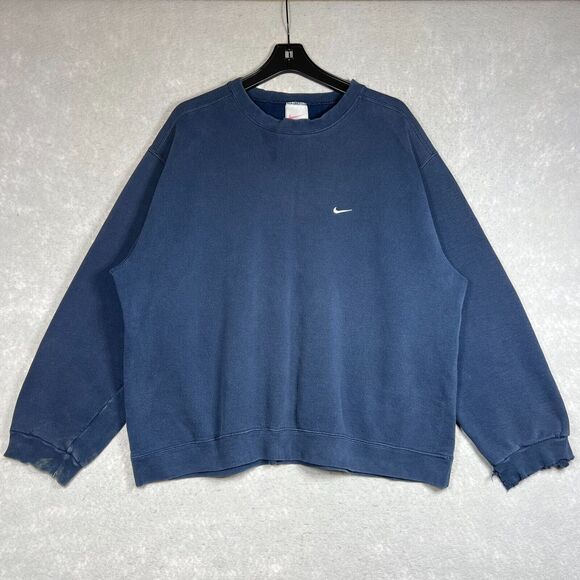 VINTAGE Nike Sweatshirt Mens XL Blue Crewneck 90s Embroidered Swoosh Navy Check - Picture 1 of 13